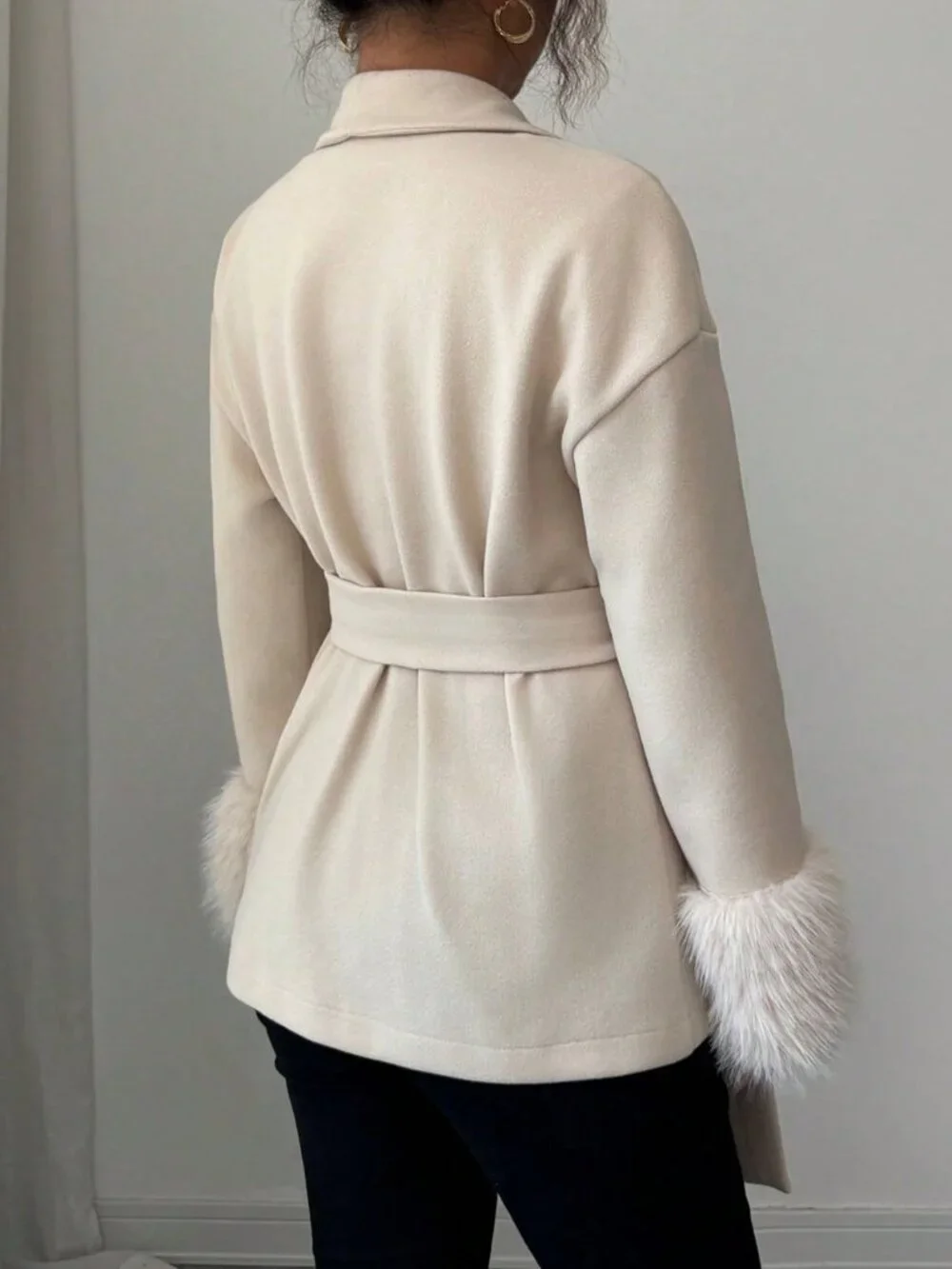Beige Casual Women's Faux Fur Trim Tie-Front Collared Long Sleeve Woven Coat